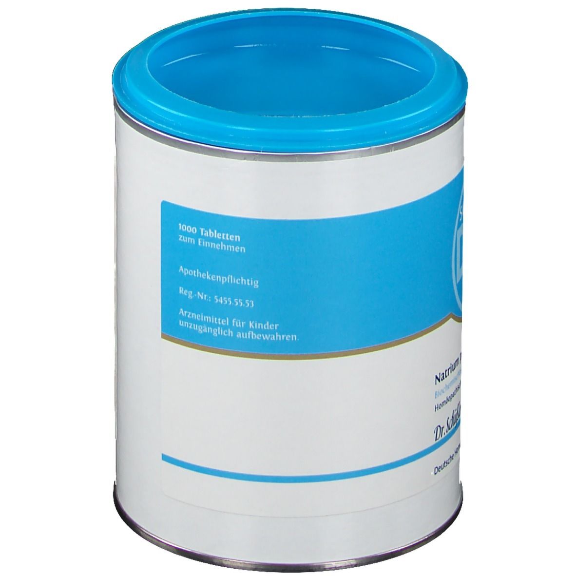 Cilindrische doos met blauw deksel. Tekst: 1000 tabletten. Apotheekplichtig. Fabrikantinfo.