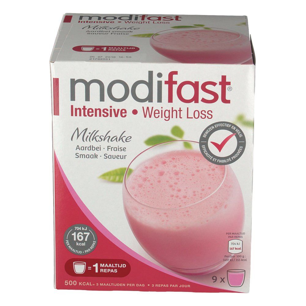 Modifast Intensive Milkshake Fraise. Boîte en carton avec image et texte. Contient 9 portions.