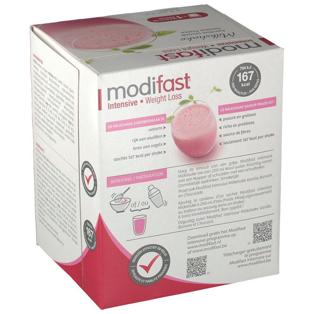 Modifast Intensive Milkshake Fraise. Boîte en carton, dos avec texte et informations nutritionnelles. 9 portions.
