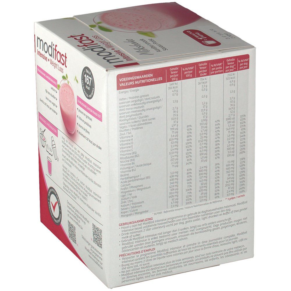 Modifast Intensive Milkshake Fraise. Boîte en carton, vue latérale avec texte et informations nutritionnelles. 9 portions.