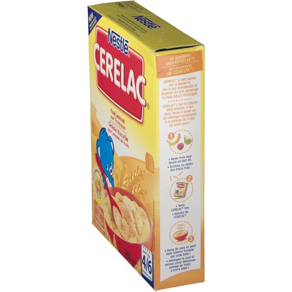 Verpakking van Cerelac Farine Biscuitée. Gele doos met rood logo en productinformatie. Illustratie van granen en fruit.