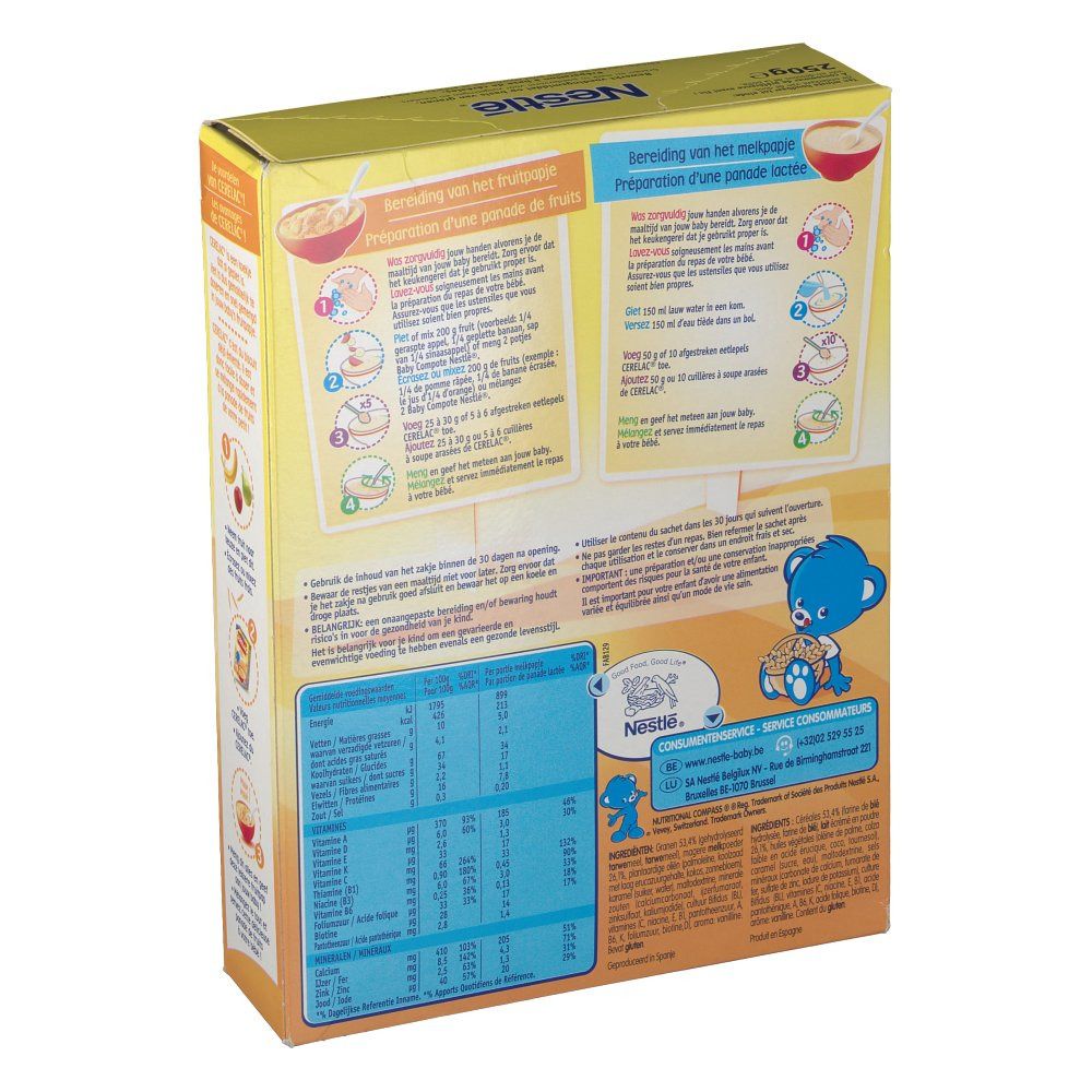 Achterkant van de Cerelac Farine Biscuitée verpakking. Gele achtergrond met bereidingsinstructies en voedingswaarde. Illustratie van een beer.