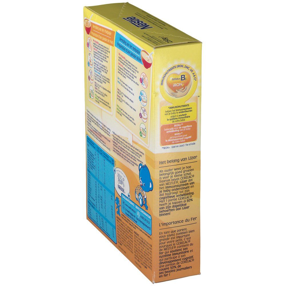 Zijkant van de Cerelac Farine Biscuitée verpakking. Gele achtergrond met voedingswaarde en informatie. Illustratie van een beer.