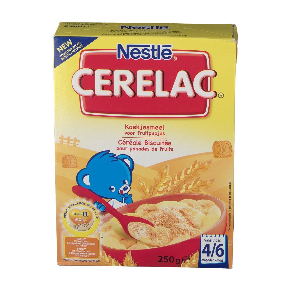 Voorkant van de Cerelac Farine Biscuitée verpakking. Gele doos met rood logo en productafbeelding. Illustratie van pap.