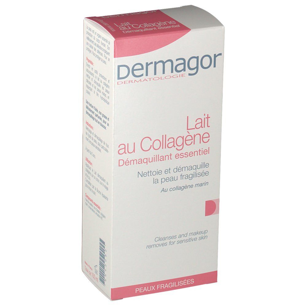 Boîte Dermagor Lait au Collagène. Rose et blanche, avec informations produit et logo.