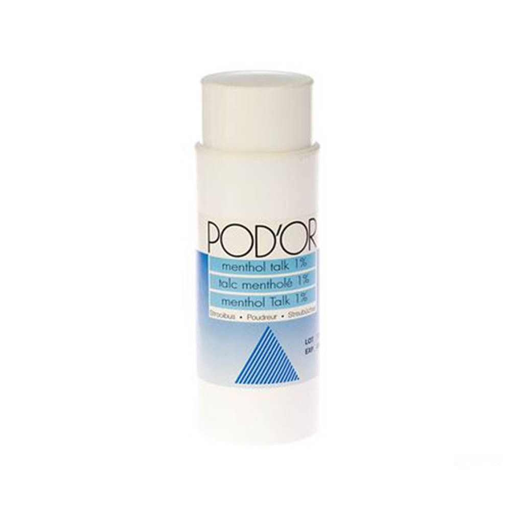 Boîte blanche avec étiquette bleue. Inscription : POD'OR, Menthol Talk 1%. Avec couvercle.
