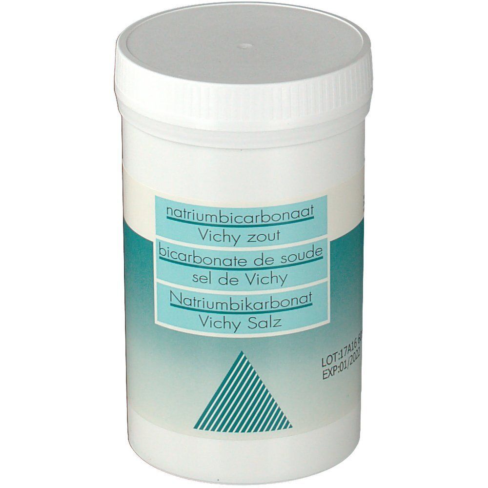 Cilindervormige pot met witte deksel. Opschrift: Natriumbicarbonaat, Vichy zout, Bicarbonate de soude, Sel de Vichy, Natriumbikarbonat, Vichy Salz.