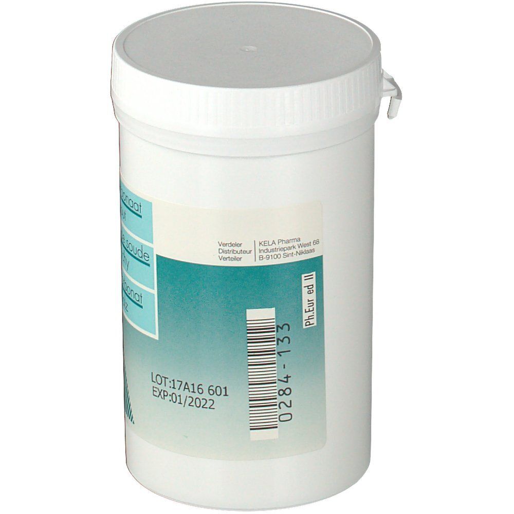 Achterkant van de pot. Barcode en informatie. Opschrift: KELA Pharma, Ph. Eur. ed II, LOT:17A16 601, EXP:01/2022.