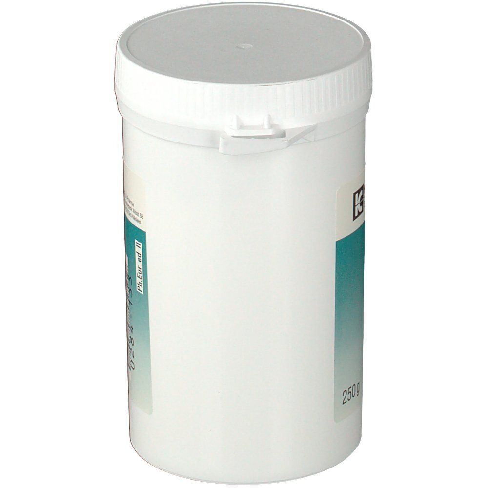 Witte pot met deksel. Opschrift: KELA Pharma, 250 g. Deksel met sluiting.
