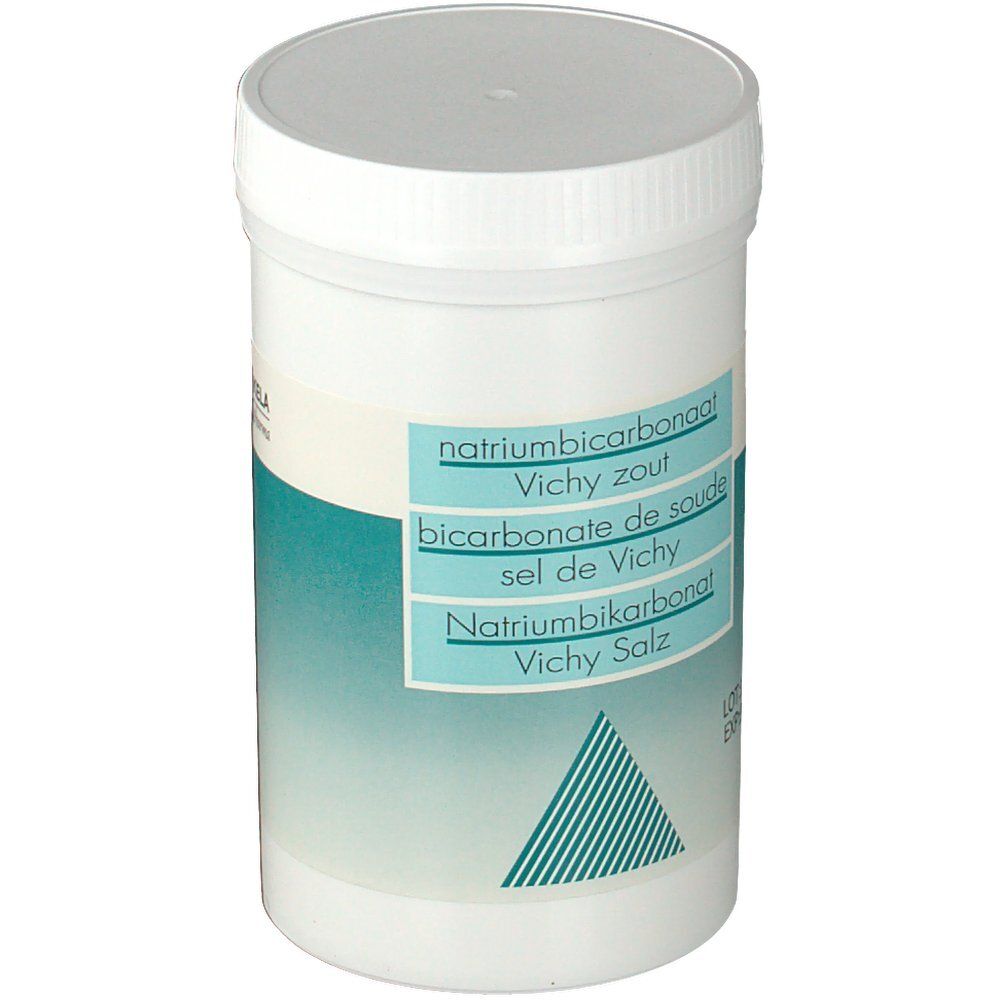 Witte pot met deksel. Opschrift: Natriumbicarbonaat, Vichy zout, Bicarbonate de soude, Sel de Vichy, Natriumbikarbonat, Vichy Salz.