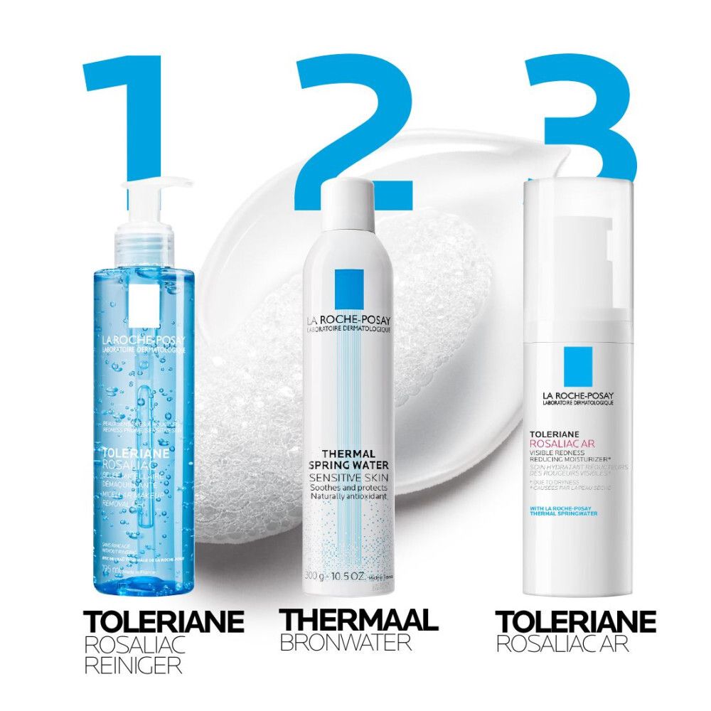 Drie producten: Toleriane Rosaliac Reiniger, Thermal Bronwater, Toleriane Rosaliac AR. Blauwe nummers 1, 2, 3.