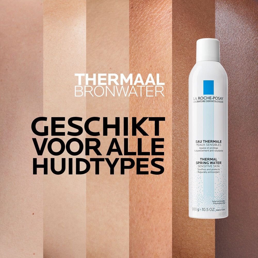 Spray naast huidvoorbeelden. Tekst: Thermaal Bronwater, Geschikt voor alle huidtypes.