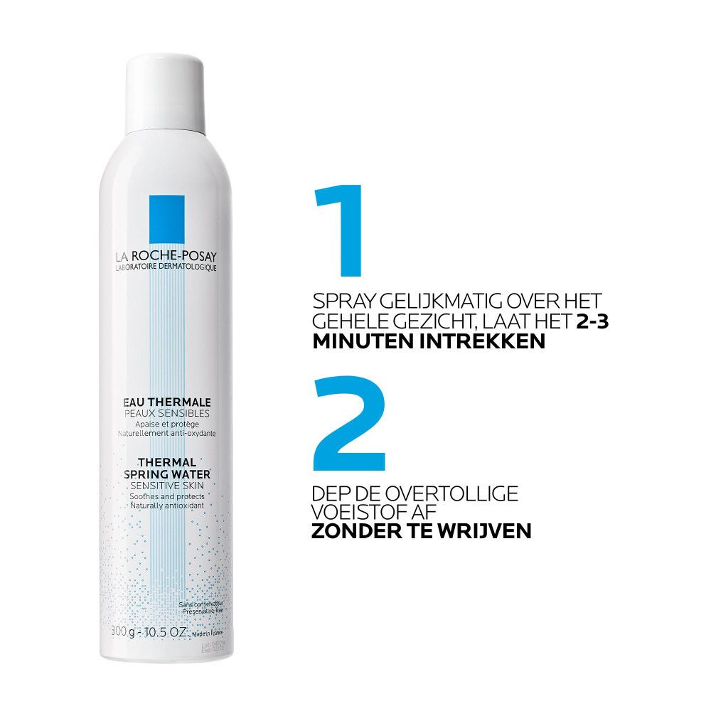 Spray met instructies: 1. Gelijkmatig sprayen, 2. Deppen. Tekst: Eau Thermale, Thermal Spring Water.