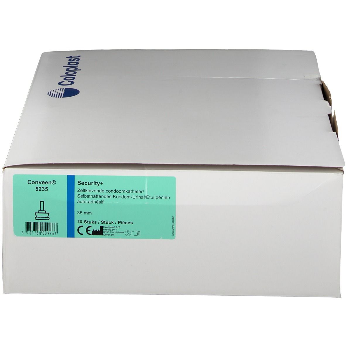 Witte verpakking met groen etiket. Bevat Conveen® Security+ 5235, 35 mm, 30 stuks. Coloplast logo linksboven.