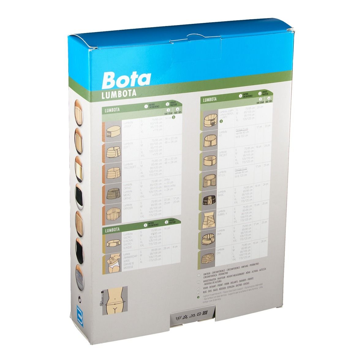 Achterkant van de Bota Lumbota verpakking. Productinformatie en afbeeldingen. Tekst in meerdere talen.