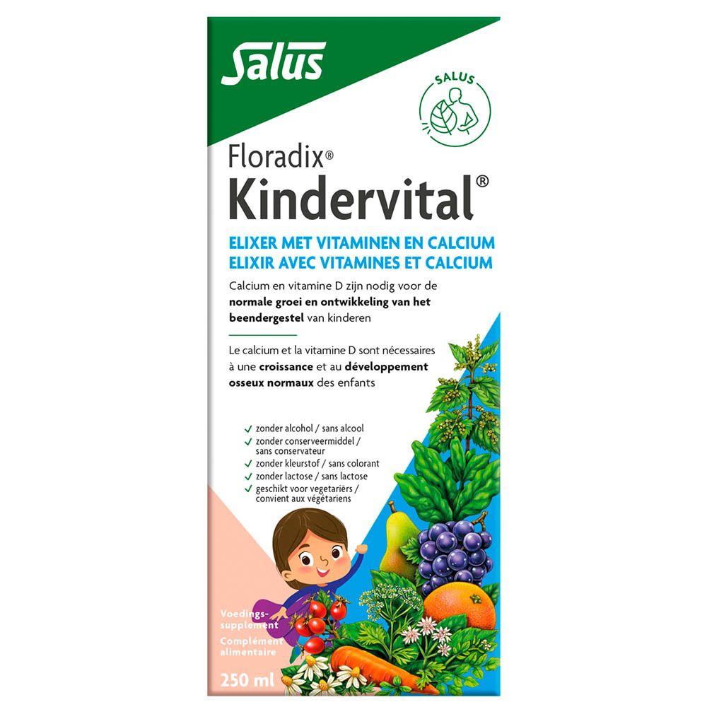 Salus Floradix Kindervital. Verpakking. Elixer met vitaminen en calcium. 250 ml. Met illustratie.