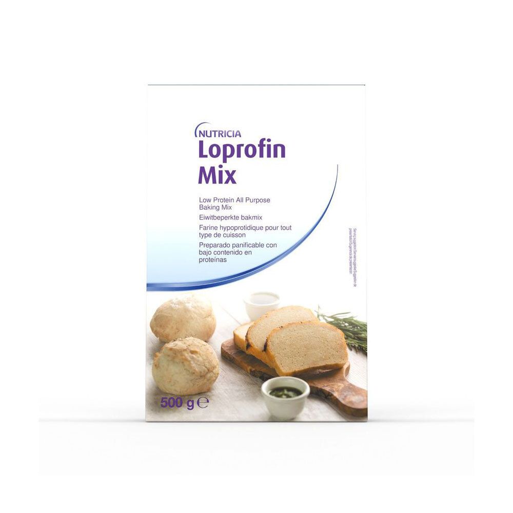 Verpakking van Loprofin Mix. Opschrift: Nutricia, Loprofin Mix, 500g. Afgebeeld: brood, broodjes, kruiden, dips.