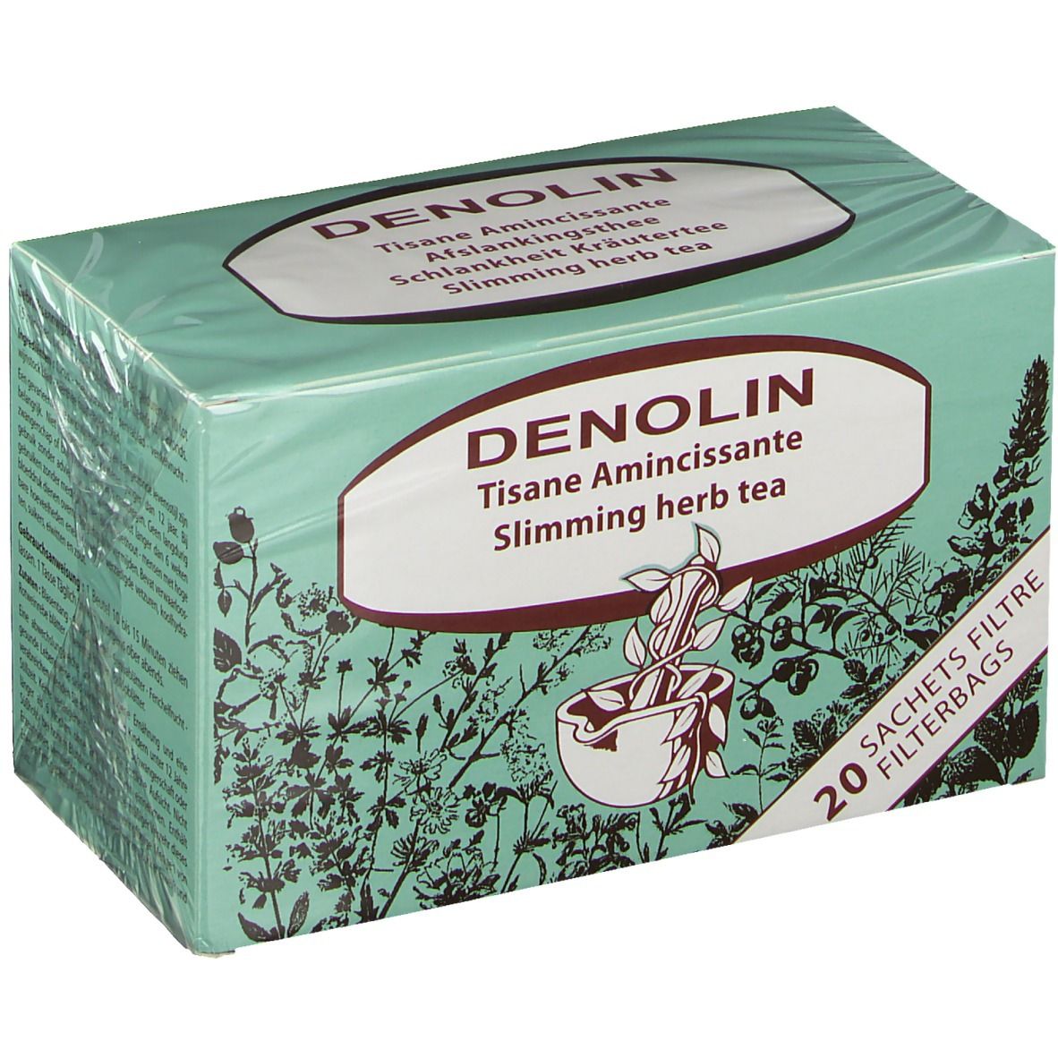 Boîte verte Denolin. Inscription 'Tisane Amincissante'. 20 sachets filtre. Motif de plantes.