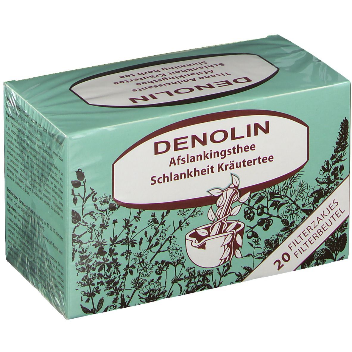 Boîte verte Denolin, inscription 'Afslankingsthee'. 20 sachets filtre. Motif de plantes.