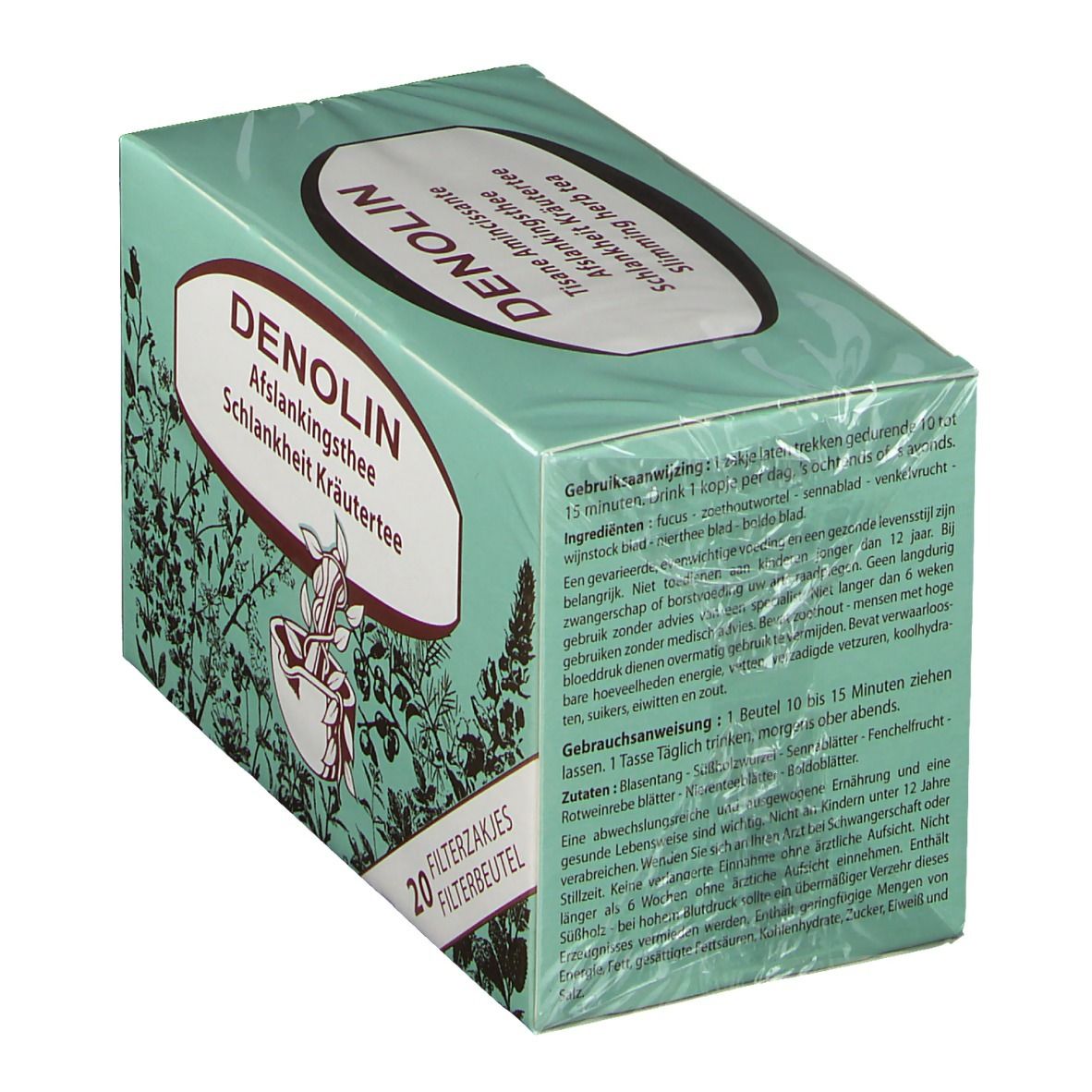 Boîte verte Denolin, inscription 'Afslankingsthee'. 20 sachets filtre. Texte au dos.
