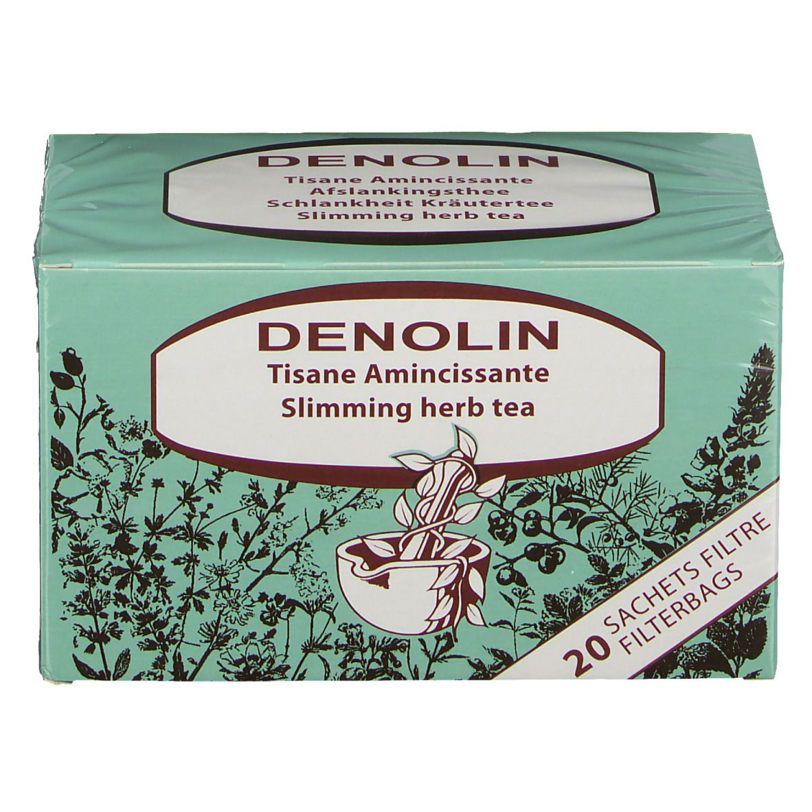 Boîte verte Denolin, inscription 'Tisane Amincissante'. 20 sachets filtre. Motif de plantes.