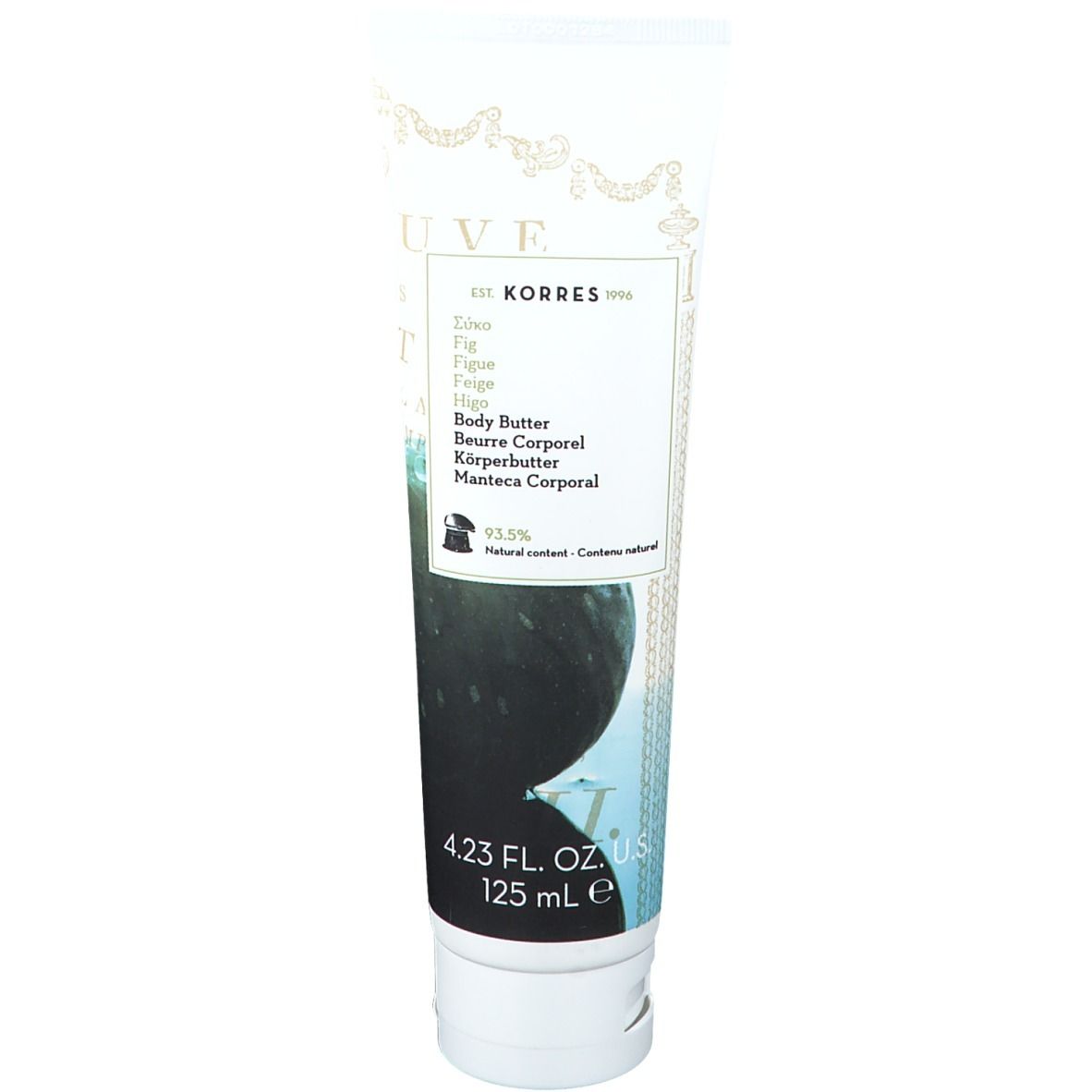 Crèmetube met productinformatie. Opschrift: KORRES, Body Butter, 93,5% natuurlijk inhoud. Onderaan: 4.23 FL. OZ. U.S. 125 ml e.