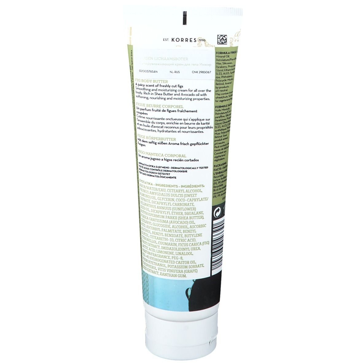 Achterkant van een crèmetube. Tekst: KORRES, Body Butter, ingrediënten, gebruik. Streepjescode en andere informatie.