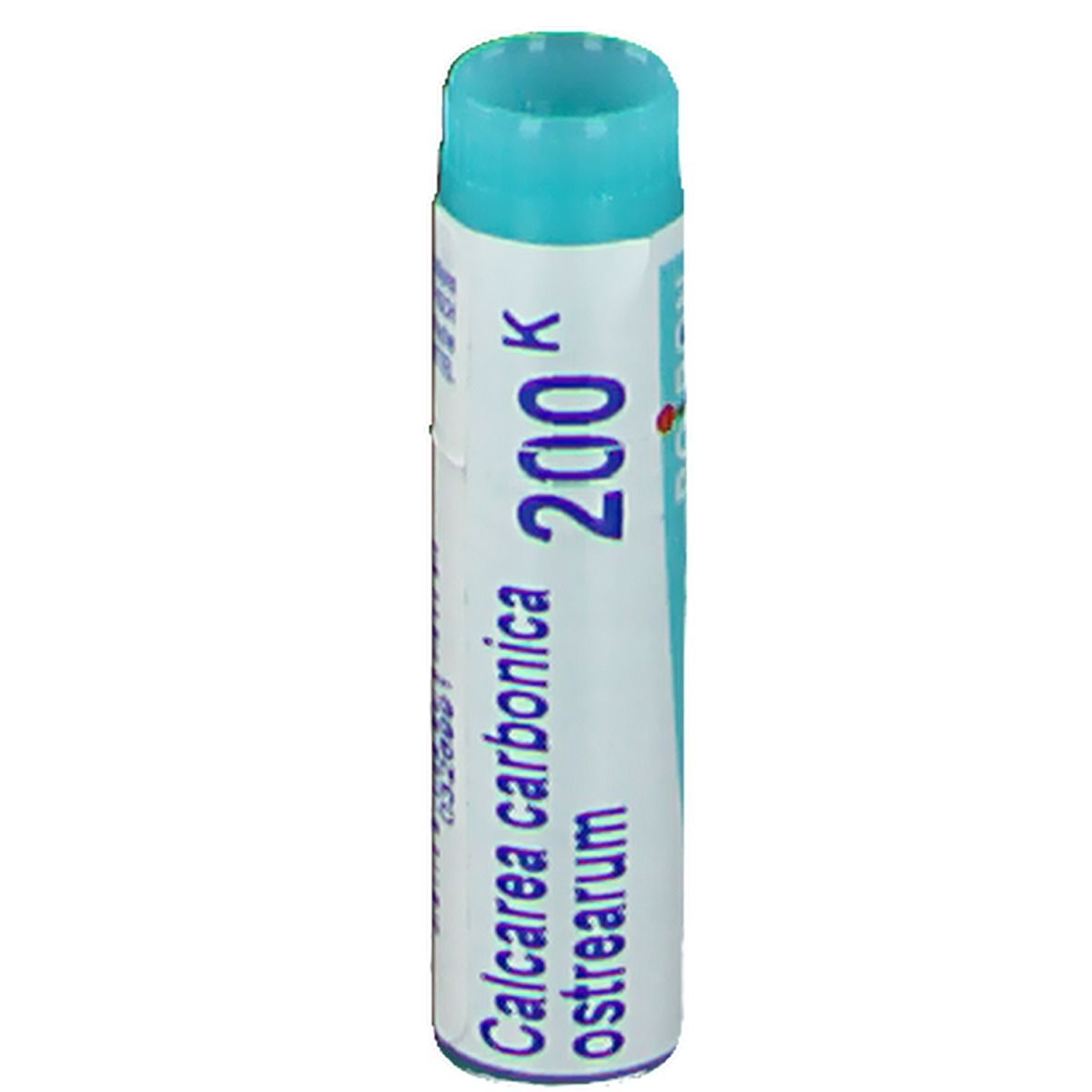 Tube cylindrique à bouchon bleu. Inscription: Calcarea carbonica 200 K, ostrearum.