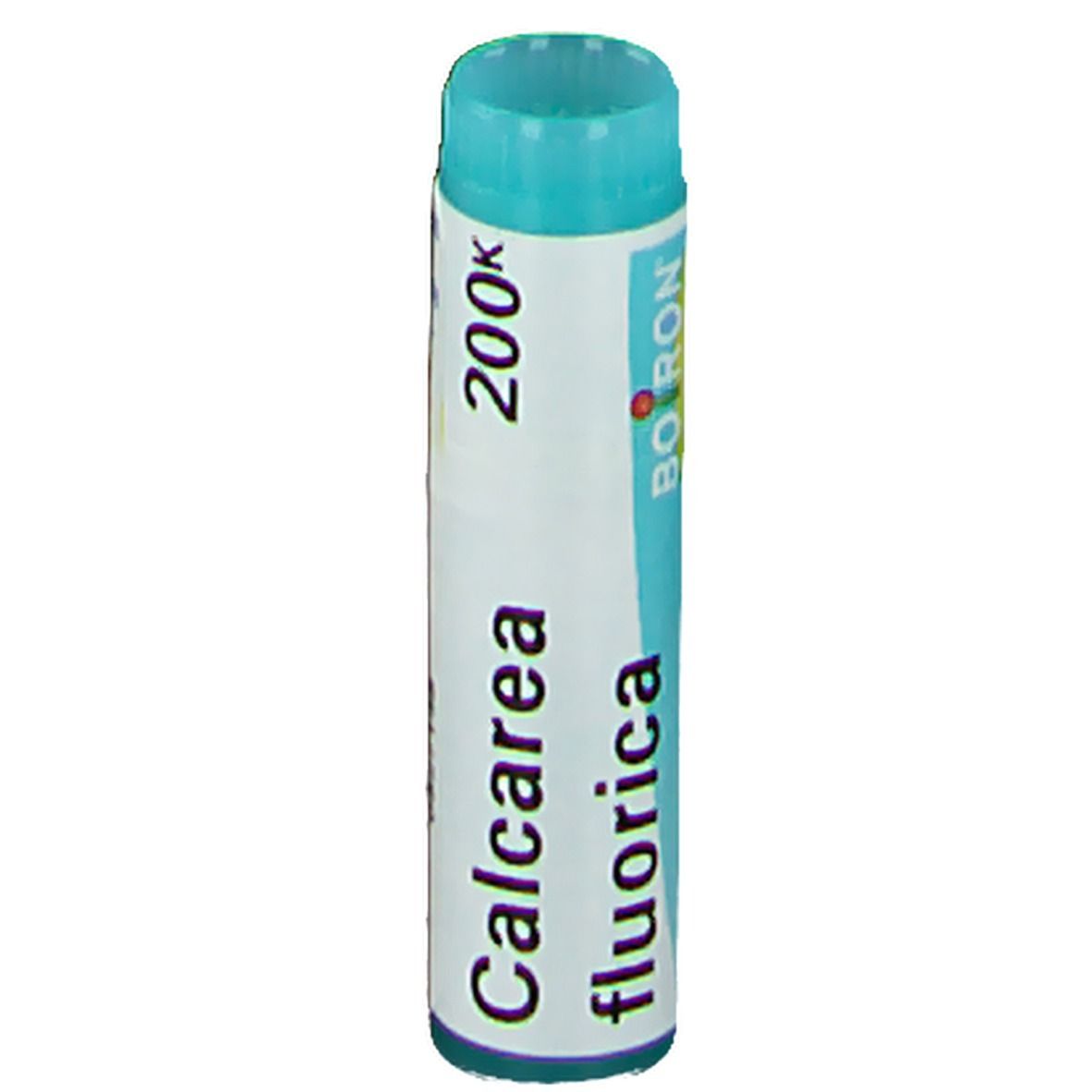 Tube cylindrique. Inscription: Calcarea fluorica, 200K, Boiron. Bouchon turquoise.