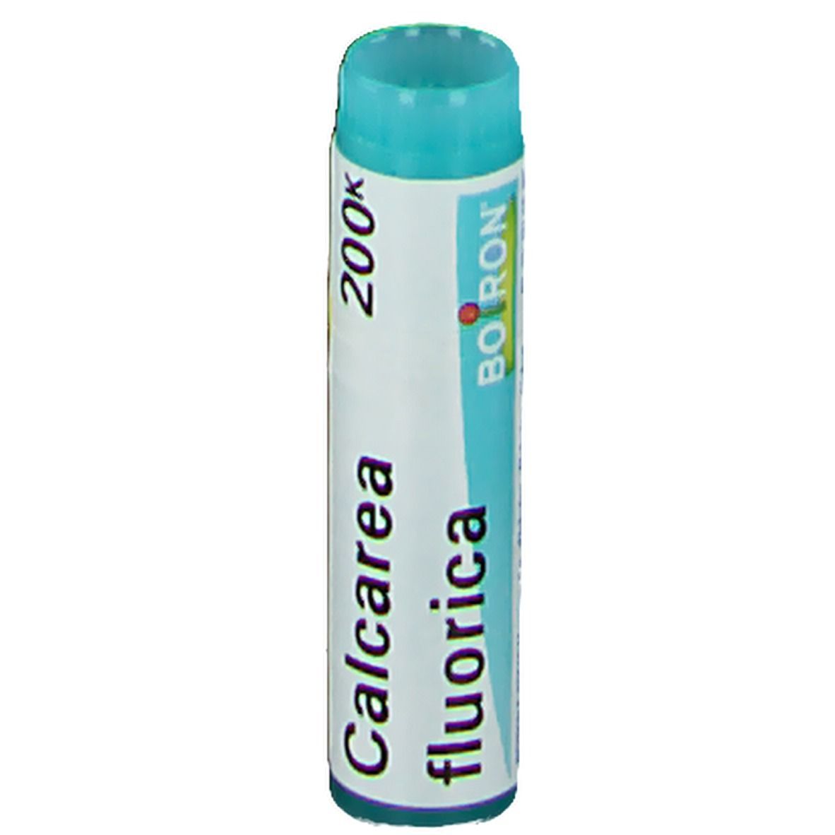 Tube cylindrique. Inscription: Calcarea fluorica, 200K, Boiron. Bouchon turquoise.