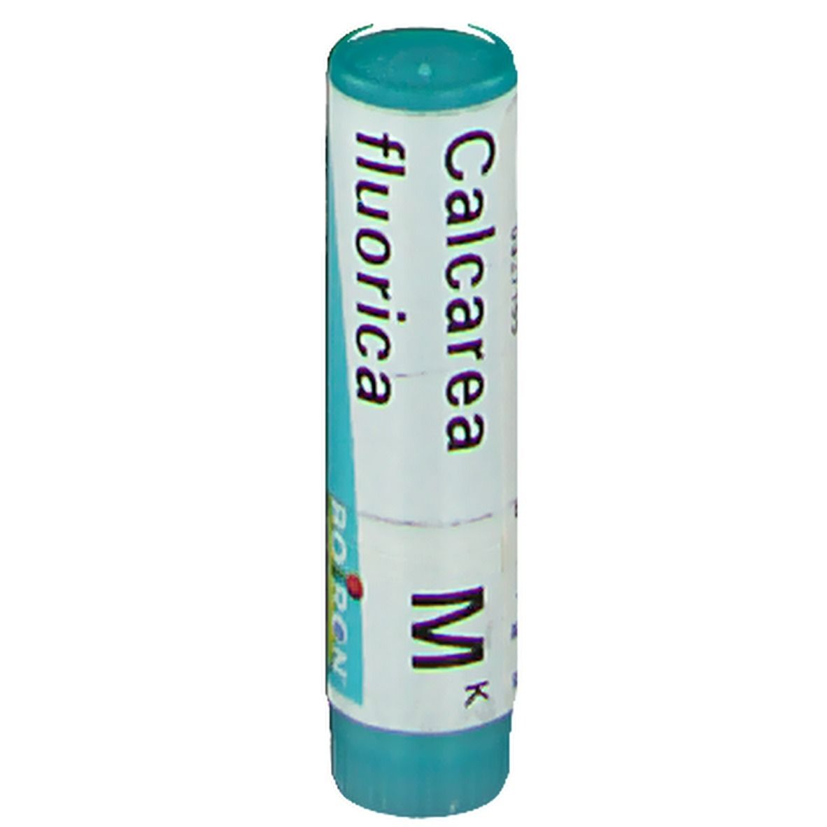 Tube cylindrique bleu et blanc. Inscriptions: Calcarea fluorica, Boiron, M K.
