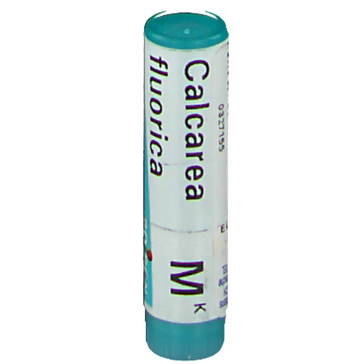 Tube cylindrique bleu et blanc. Inscriptions: Calcarea fluorica, M K.