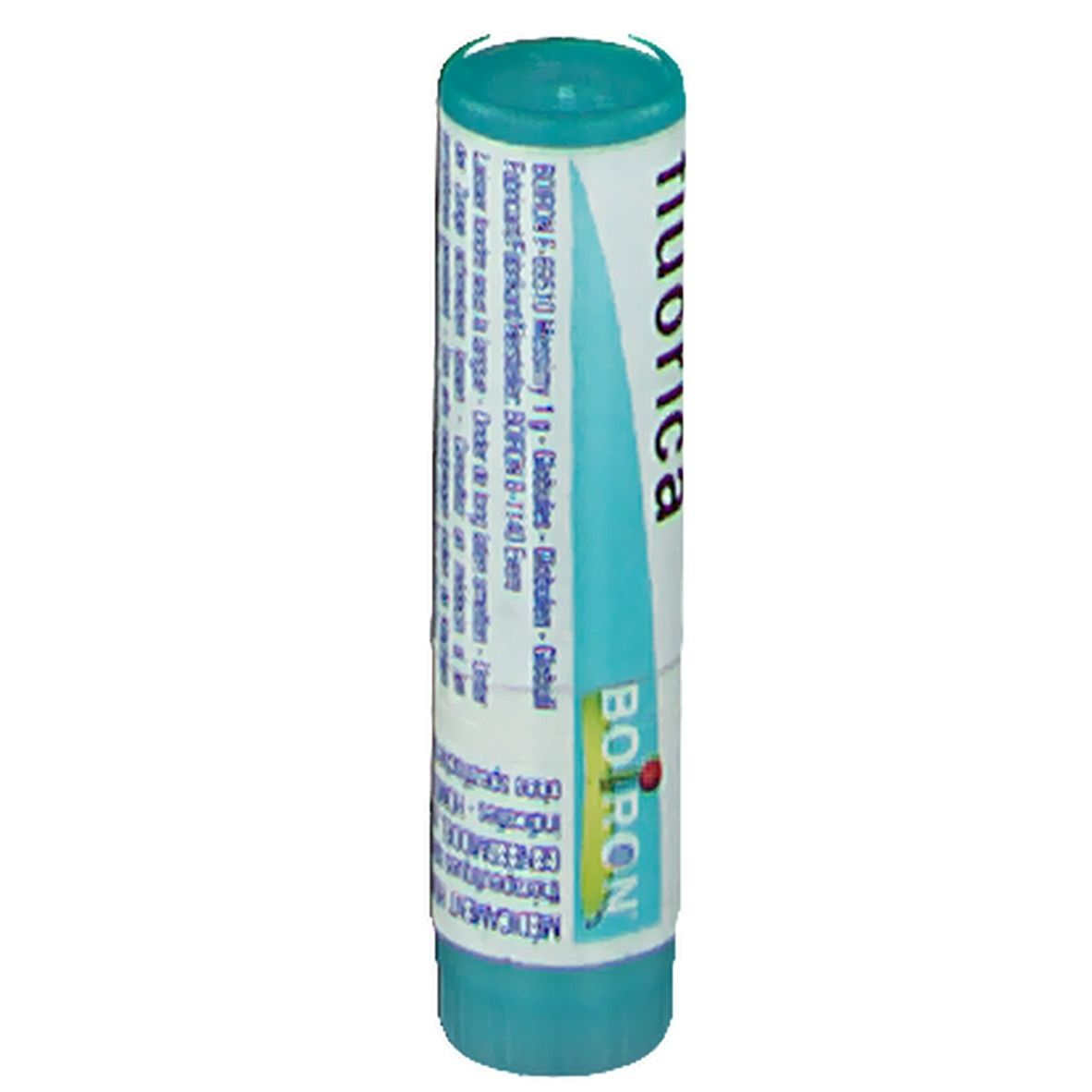 Tube cylindrique bleu et blanc. Inscriptions: fluorica, Boiron.