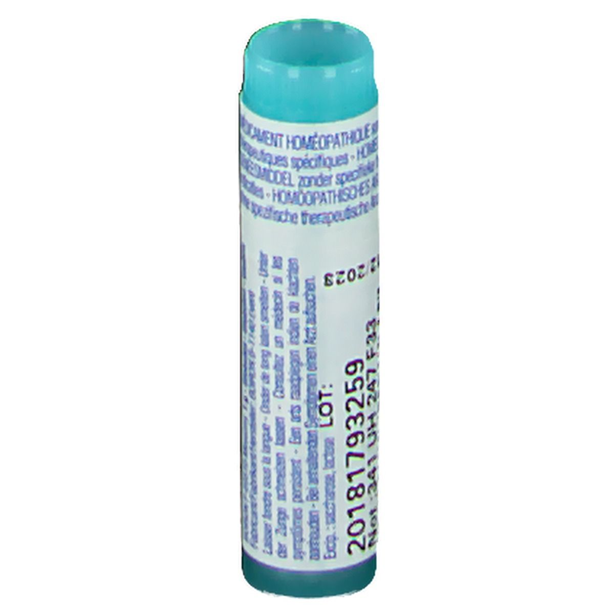 Tube cylindrique bleu et blanc. Inscription: LOT, date d'expiration.