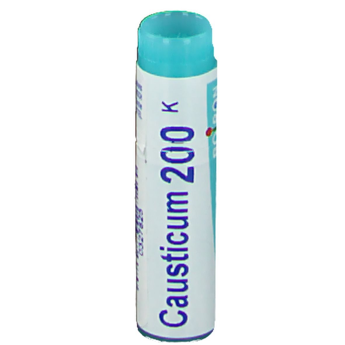 Emballage cylindrique avec bouchon bleu. Inscription: Causticum 200 K.