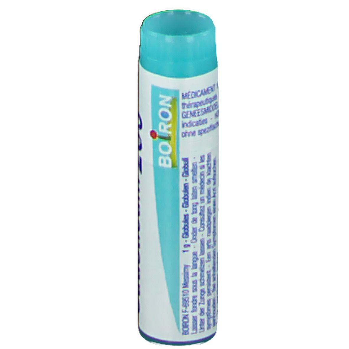 Emballage cylindrique avec bouchon bleu. Inscription: Boiron, Globules, 1g.