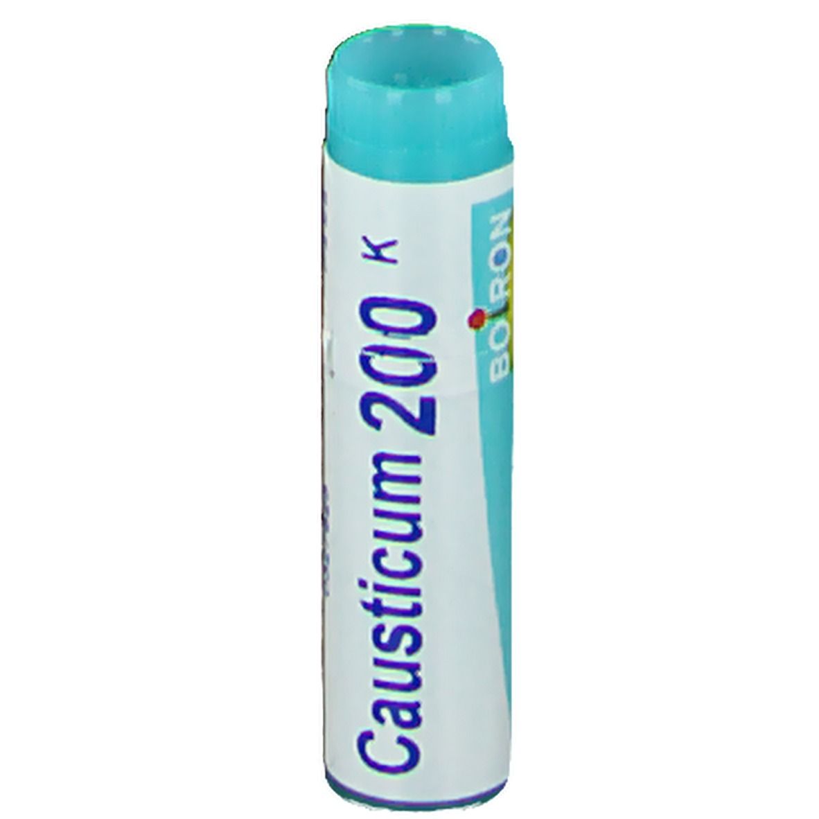 Emballage cylindrique avec bouchon bleu. Inscription: Causticum 200 K, Boiron.