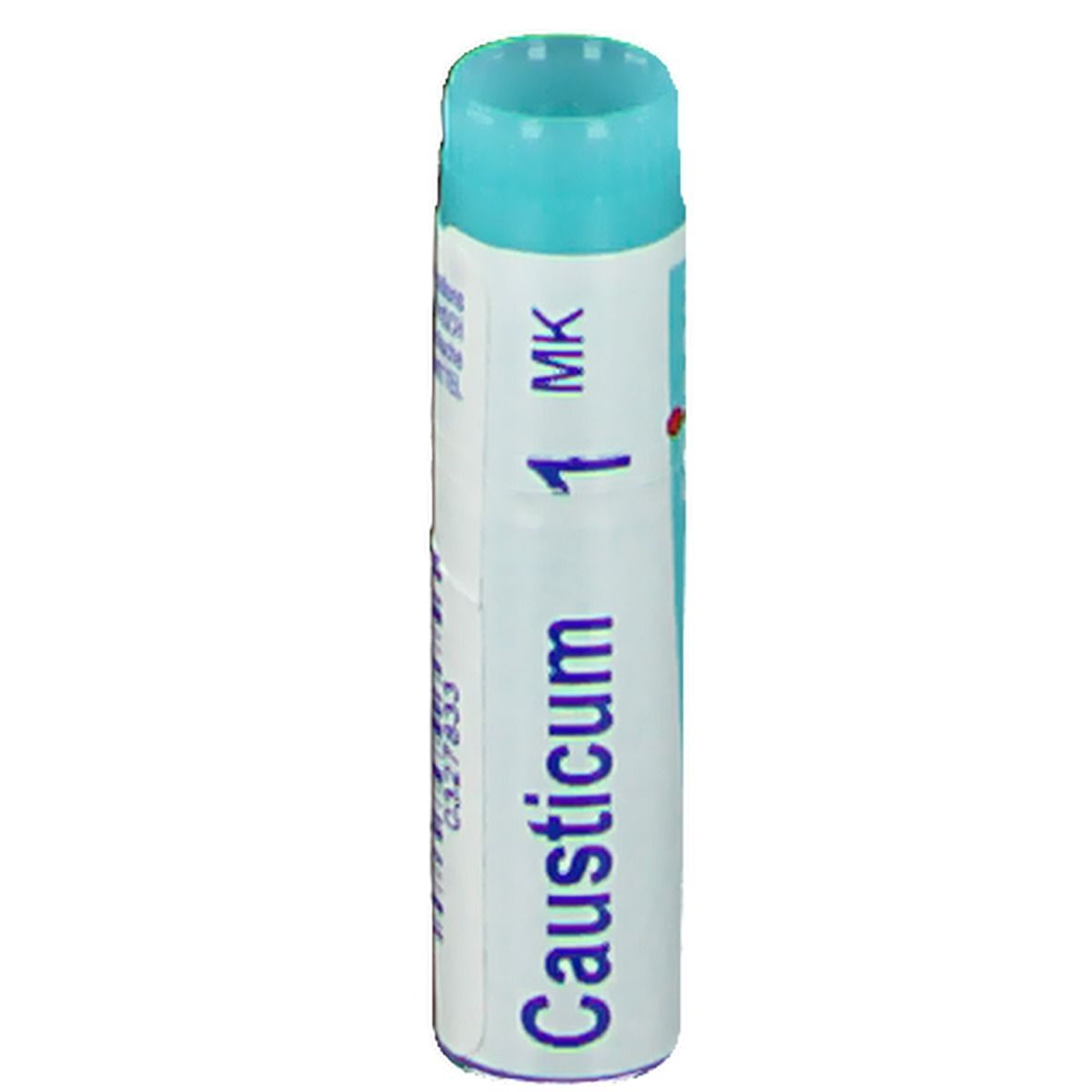 Tube cylindrique bleu et blanc. Inscription: Causticum 1 MK.