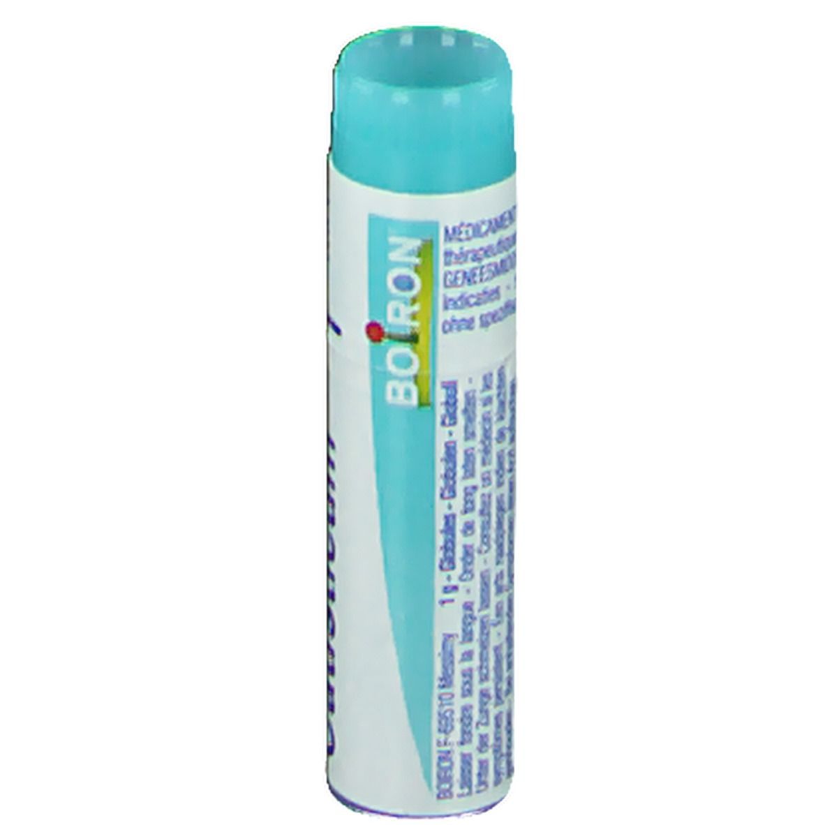 Tube cylindrique bleu et blanc. Inscription: Boiron.