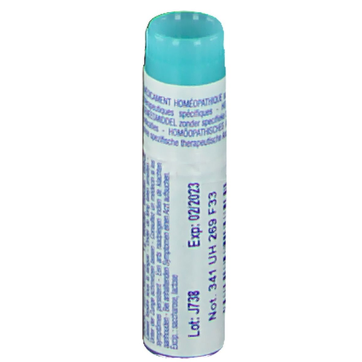 Tube cylindrique bleu et blanc. Inscription: Exp. 02/2023, numéro de lot.