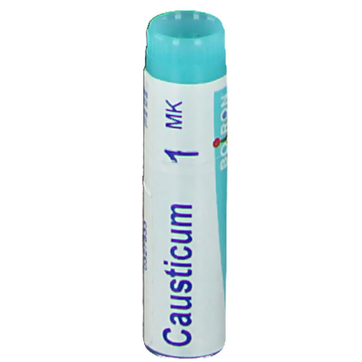 Tube cylindrique bleu et blanc. Inscription: Causticum 1 MK, Boiron.