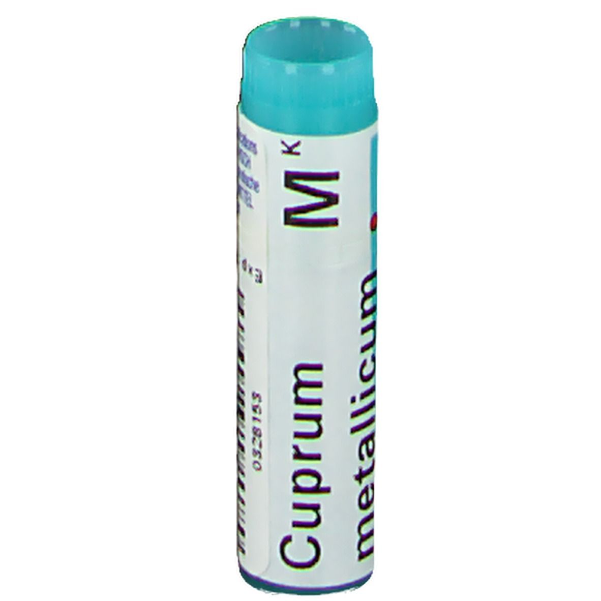Tube cylindrique avec bouchon bleu. Inscription: Cuprum metallicum Mk.