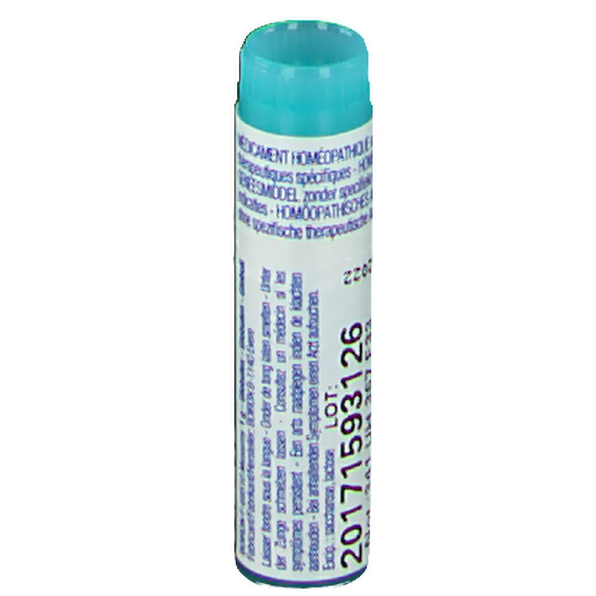 Tube cylindrique avec bouchon bleu. Inscription: 20171593126, LOT.