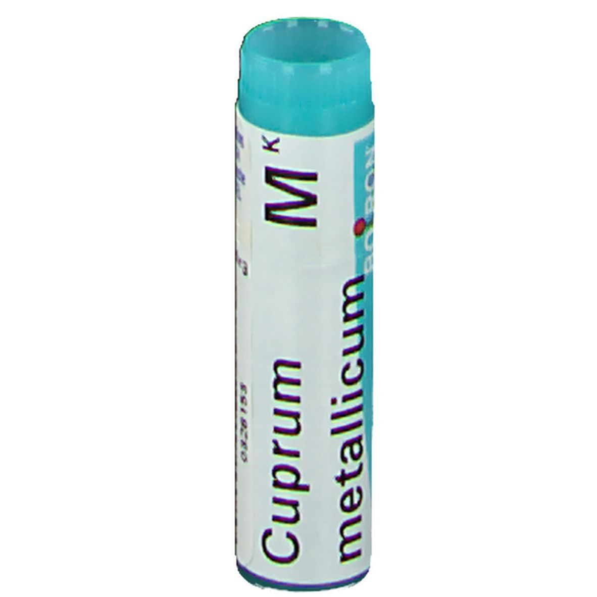 Tube cylindrique avec bouchon bleu. Inscription: Cuprum metallicum Mk.