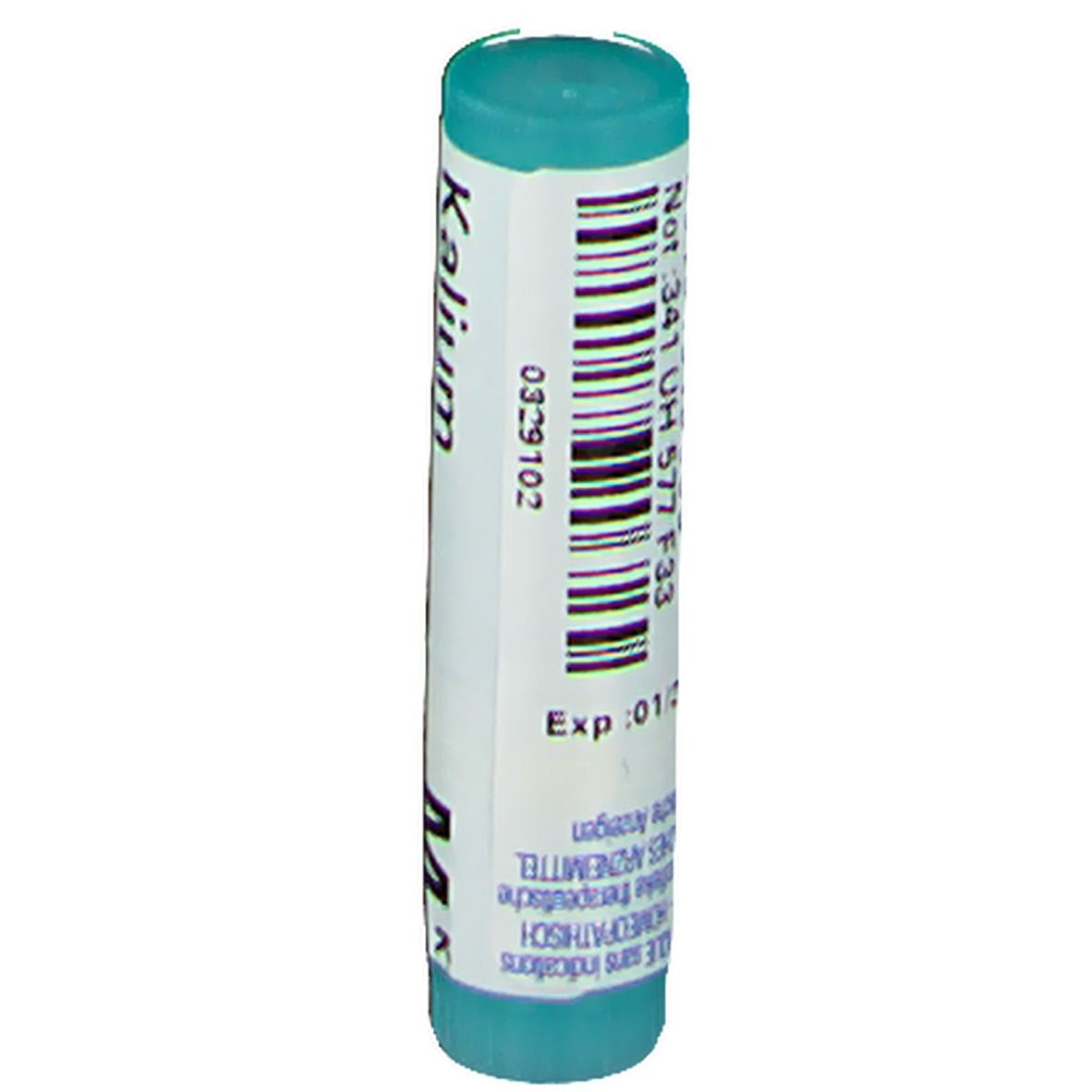 Tube cylindrique avec code-barres et inscriptions. Inscription: Not: 341UH577F33, Exp: 01/2024.