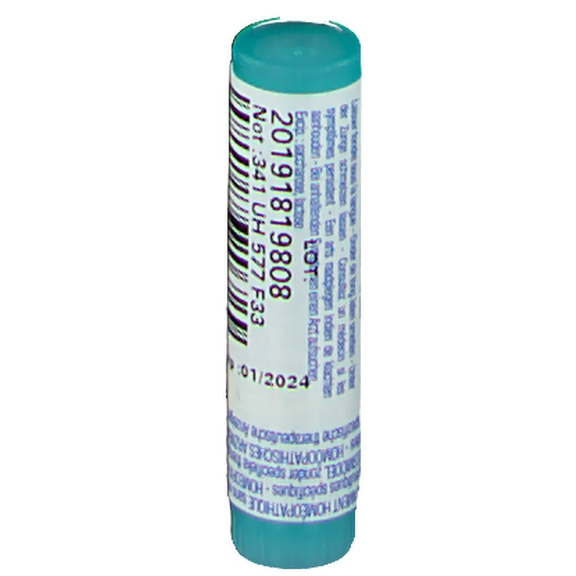 Tube cylindrique avec code-barres et inscriptions. Inscription: 20191819808, 01/2024.