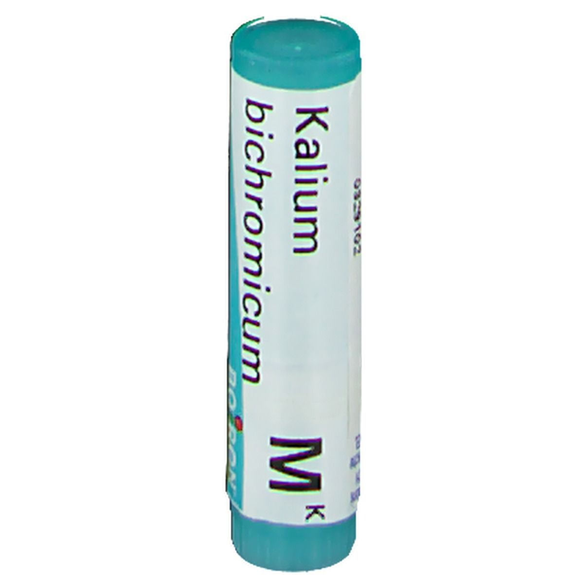 Tube cylindrique bleu et blanc. Inscription: Kalium bichromicum, Boiron, M, K.