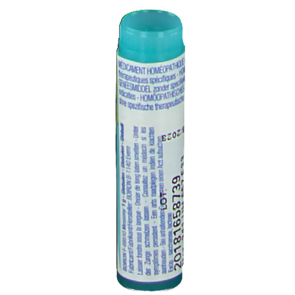 Tube cylindrique avec bouchon bleu. Inscription: 20181658739, date de péremption.