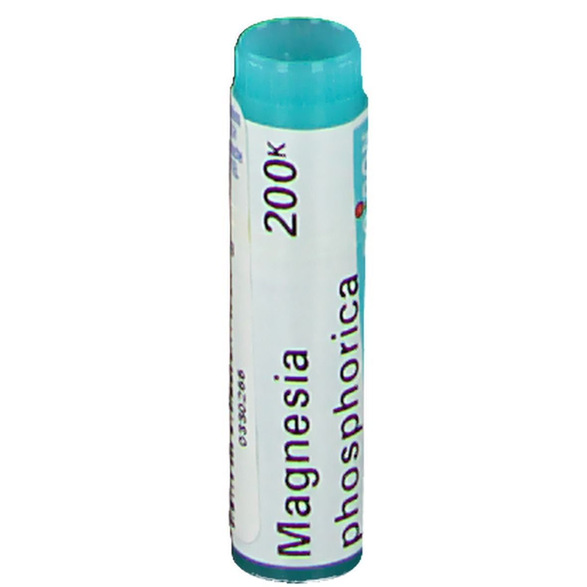 Tube cylindrique avec bouchon bleu. Inscription: Magnesia phosphorica 200K.