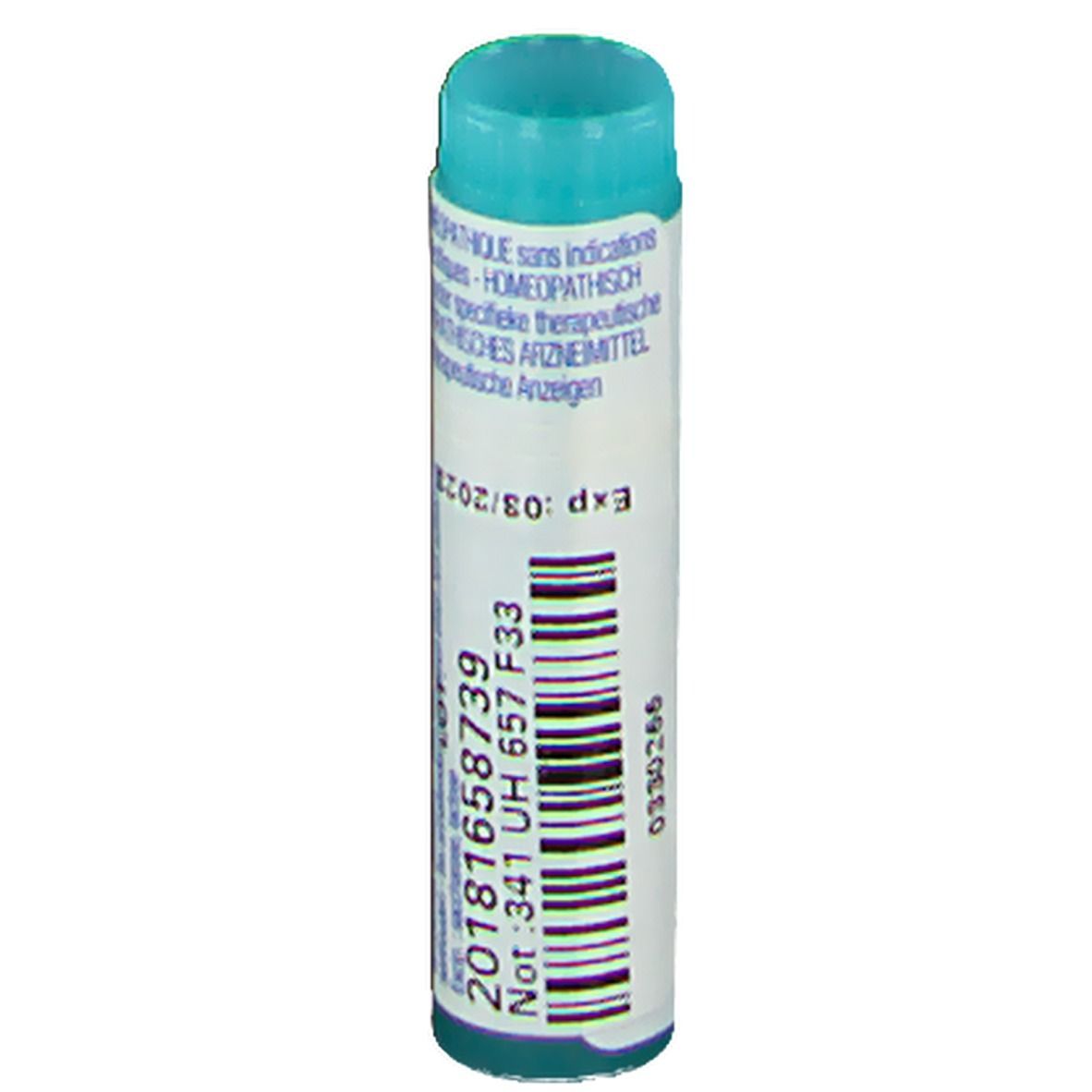 Tube cylindrique avec bouchon bleu. Inscription: Date de péremption, numéro de lot.